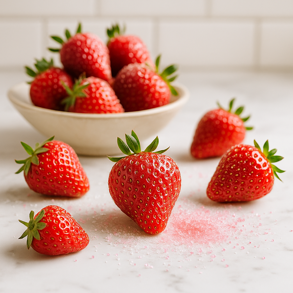 Strawberries on a light surface with a bowl of strawberries in the background