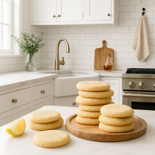 Stacks of bread on a wooden cutting board in a kitchen setting