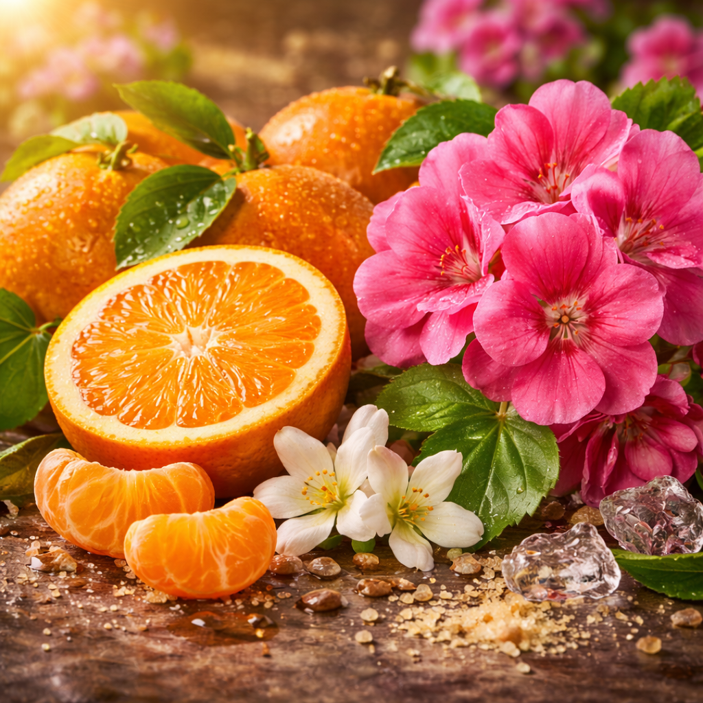 Oranges and flowers on a wooden surface with a blurred floral background