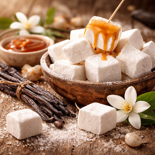 White marshmallows in a wooden bowl with caramel drizzle, vanilla beans, and flowers on a rustic wooden surface.