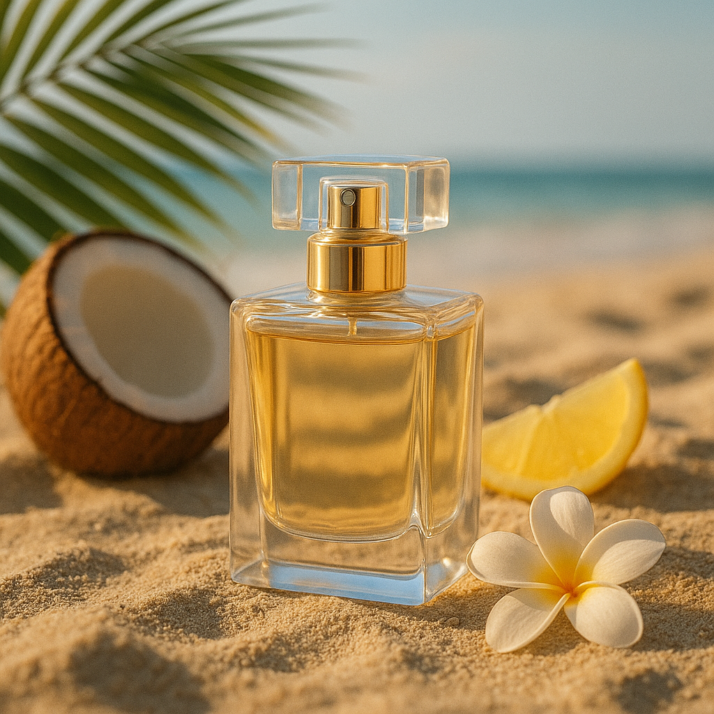Perfume bottle with gold cap on sand, coconut, lemon, and flower in background