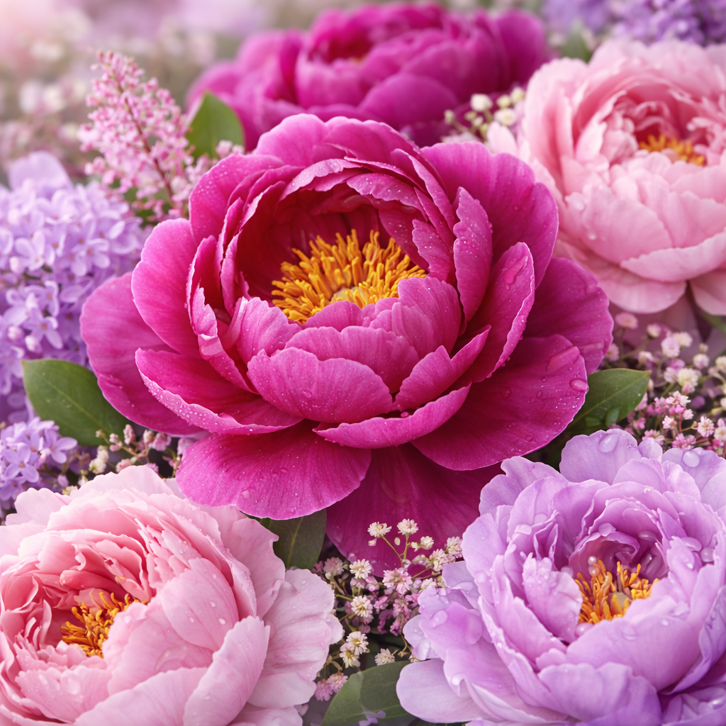 Close-up of vibrant pink, purple, and yellow flowers with a soft focus background.