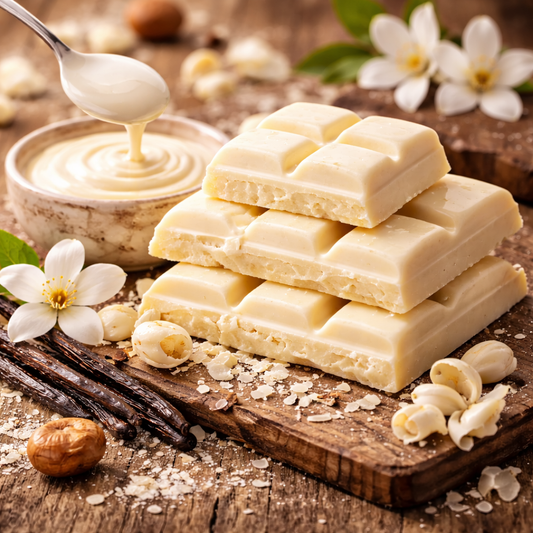 White chocolate bars on a wooden board with vanilla beans and flowers