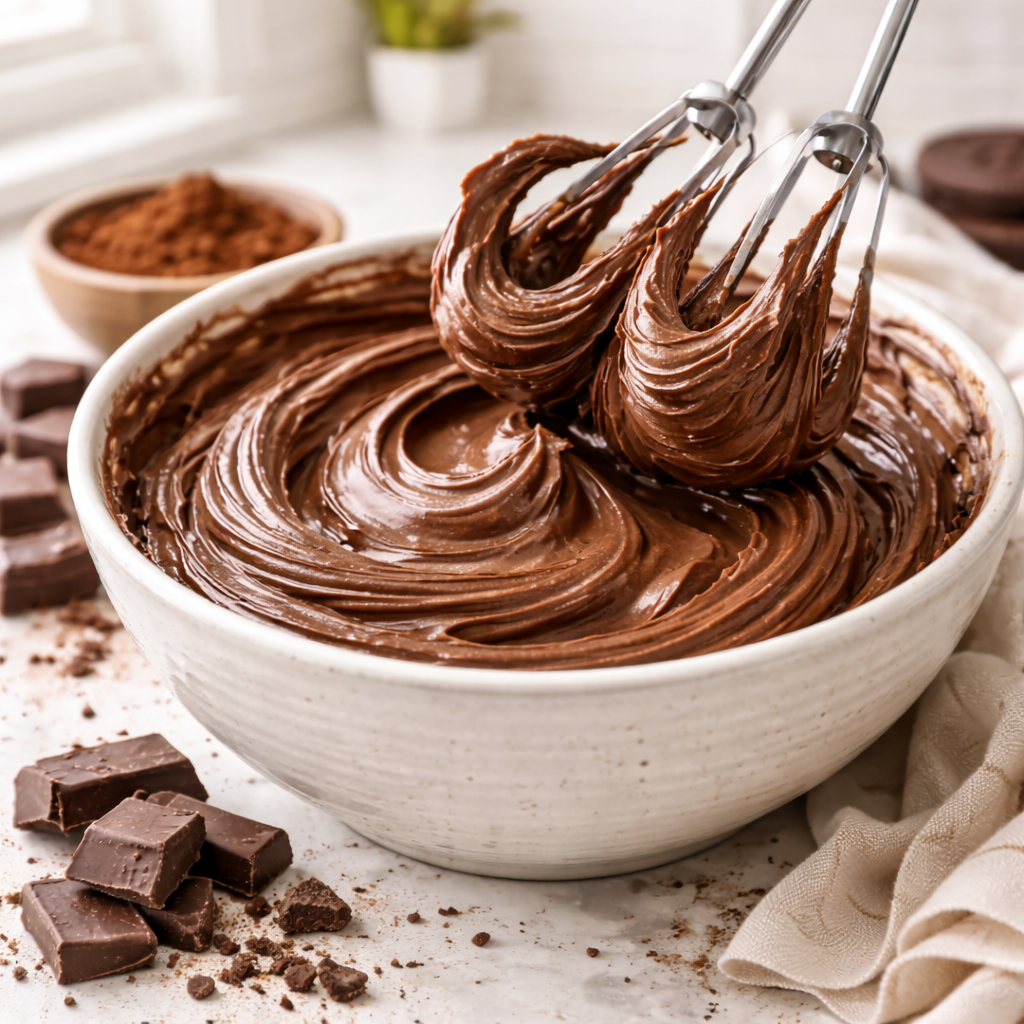White bowl filled with chocolate mousse with a whisk, surrounded by chocolate pieces and a small bowl of cocoa powder.